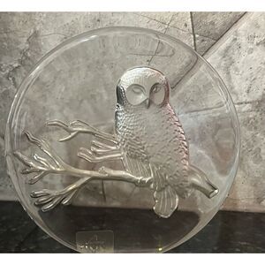 Viking Glass Owl on Branch Paperweight Hand Made Etched Frosted Glass Vintage